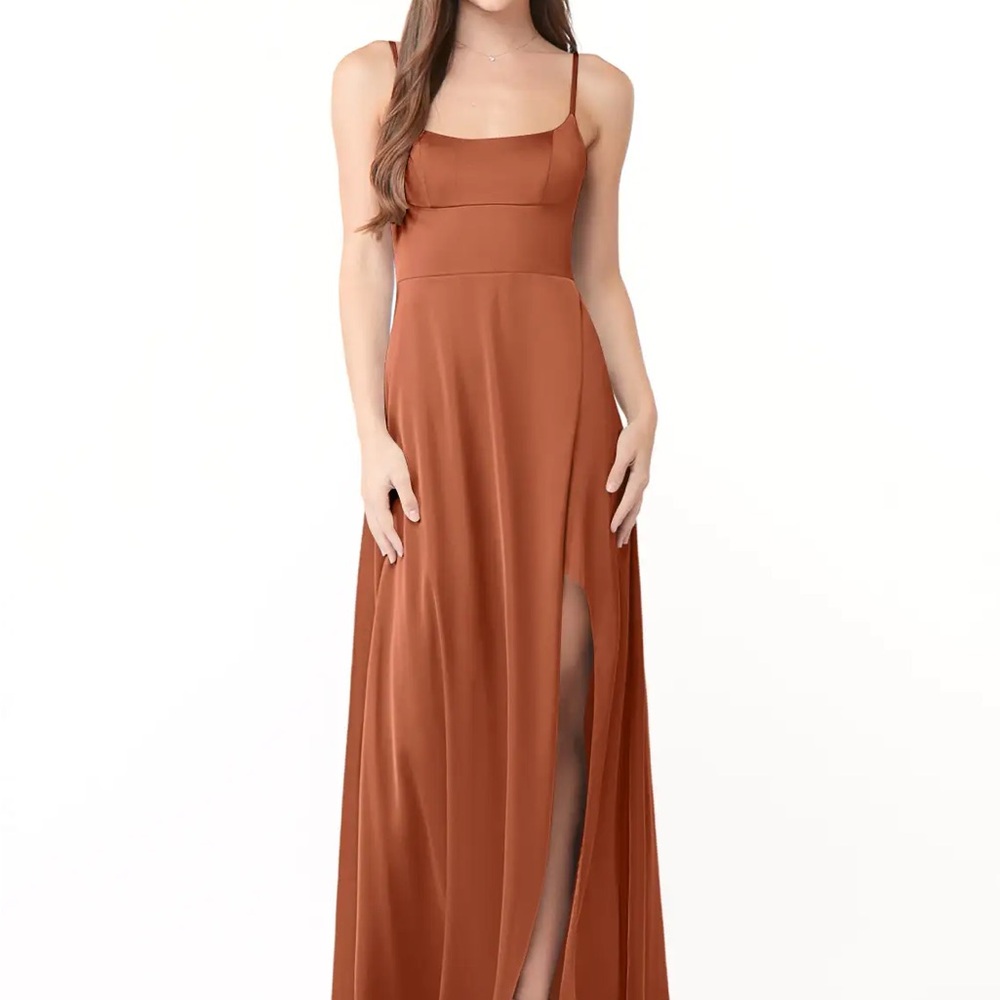 Azazie Halsey Cedar Rose Sheath Side Slit Stretch Satin Dress